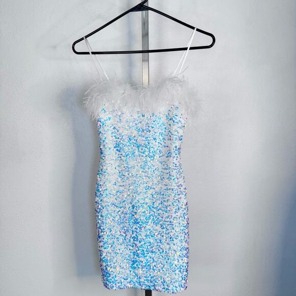 Sequin Feather Trim Mini Dress Iridescent Sparkle Size 0 Party Halloween - Picture 6 of 8